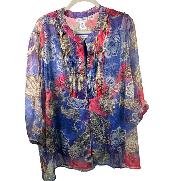 Maggie Barnes Catherines 3X Sheer Blouse Tank Set Paisley Floral Button Front - Picture 1 of 15